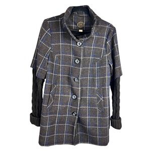 Idra Plaid Wool Blend Coat Jacket With Sweater Sleeves Size 8 Button Front